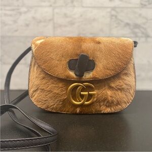 Gucci Brown Fur Crossbody Bag with Gold Logo